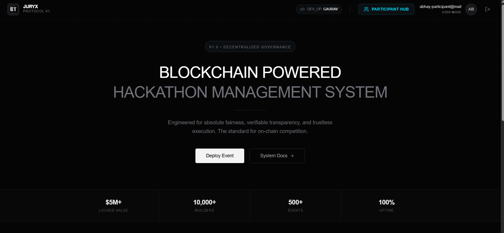 JuryX is a decentralized, blockchain-powered judging and voting platform engineered to eliminate bias and ensure 100% fair, verifiable results for hackathons and competitions. Built with Solidity smart contracts for immutable scoring and a modern Next.js frontend, JuryX guarantees that once a score is locked on-chain, it cannot be altered—not even by organizers. The platform features secure judge panels with weighted metrics, real-time leaderboards, live project previews using WebContainers, and comprehensive organizer dashboards for event management. JuryX transforms traditional hackathon judging by leveraging blockchain transparency, decentralization, and cryptographic verification to create a trustless system where pure merit determines winners.